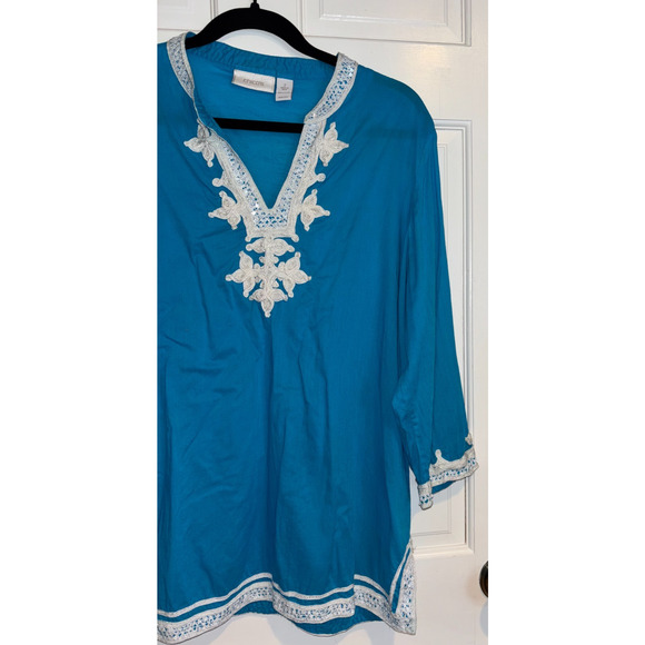 Chico’s Blue Turquoise Tunic Top Women’s Sz 2 L Sequin 3/4 Sleeve Resort Coastal - Picture 6 of 7